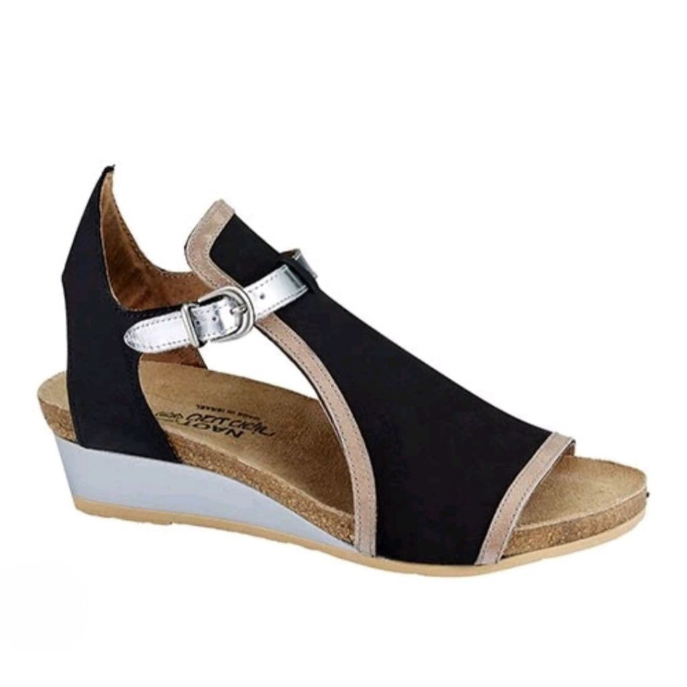 NAOT NWOB Fiona Black & Beige Silver Wedge Slingback Sandals Size 36 5